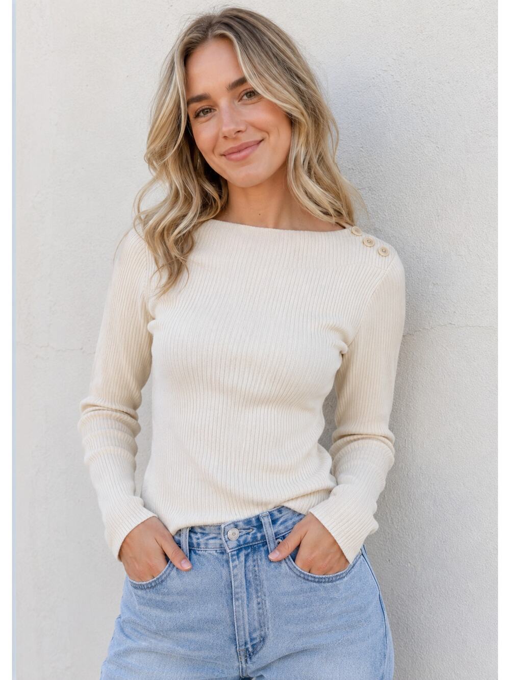 Madewell SZ M Boatneck Button Long-Sleeve Top Antique Cream NWT Super Soft $62